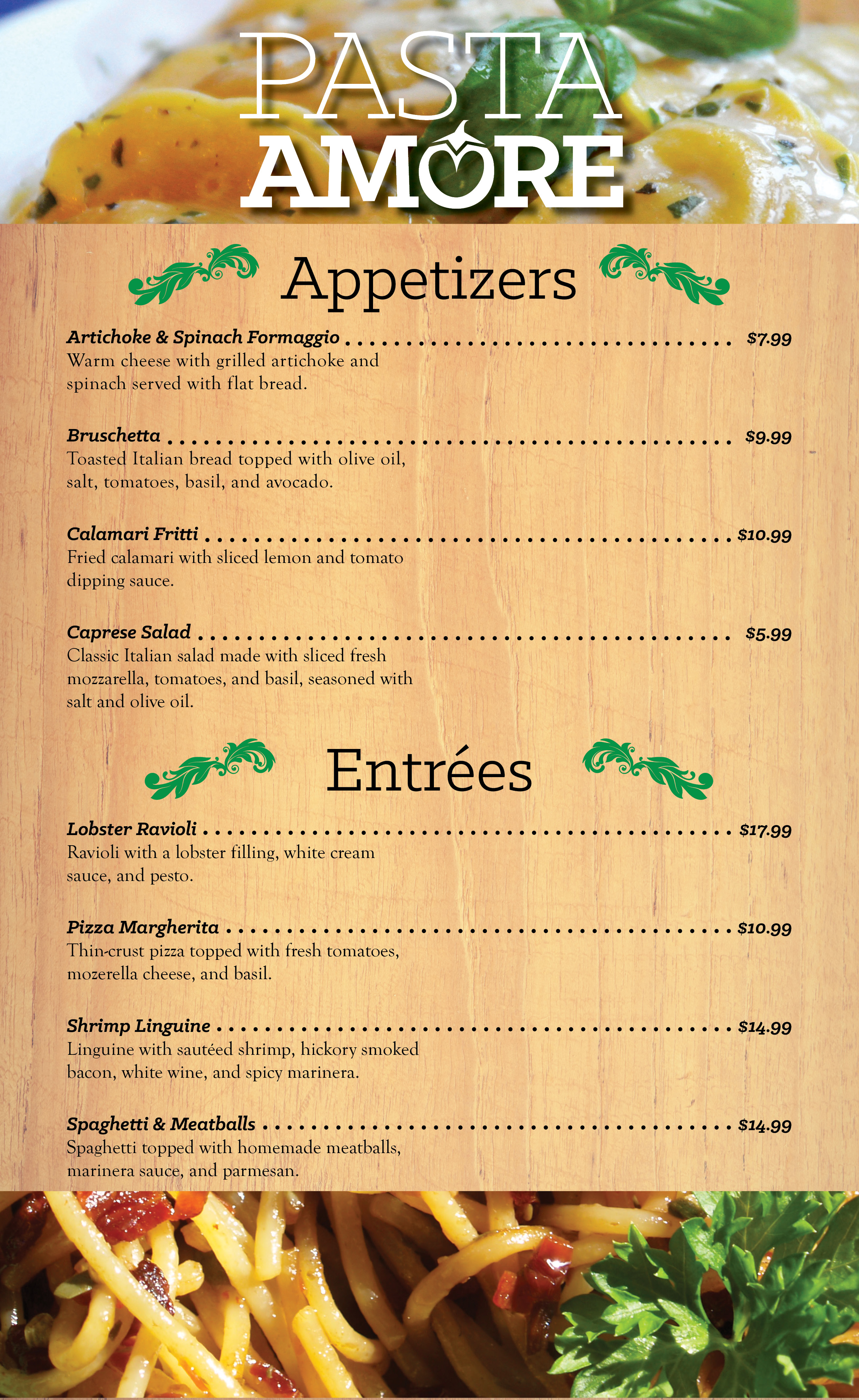 Pasta Amore Menu Side A